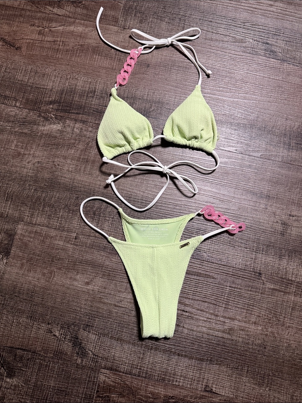 White Fox Boutique Light Lime Bikini with Pink Chain Detail